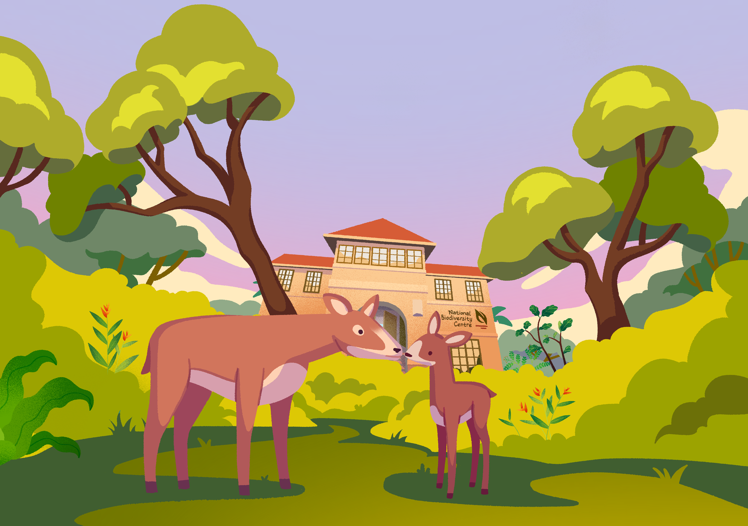 A colorful illustration of two deer in a lush, green forest with trees and plants, and a building labeled 'National Biodiversity Centre' in the background.