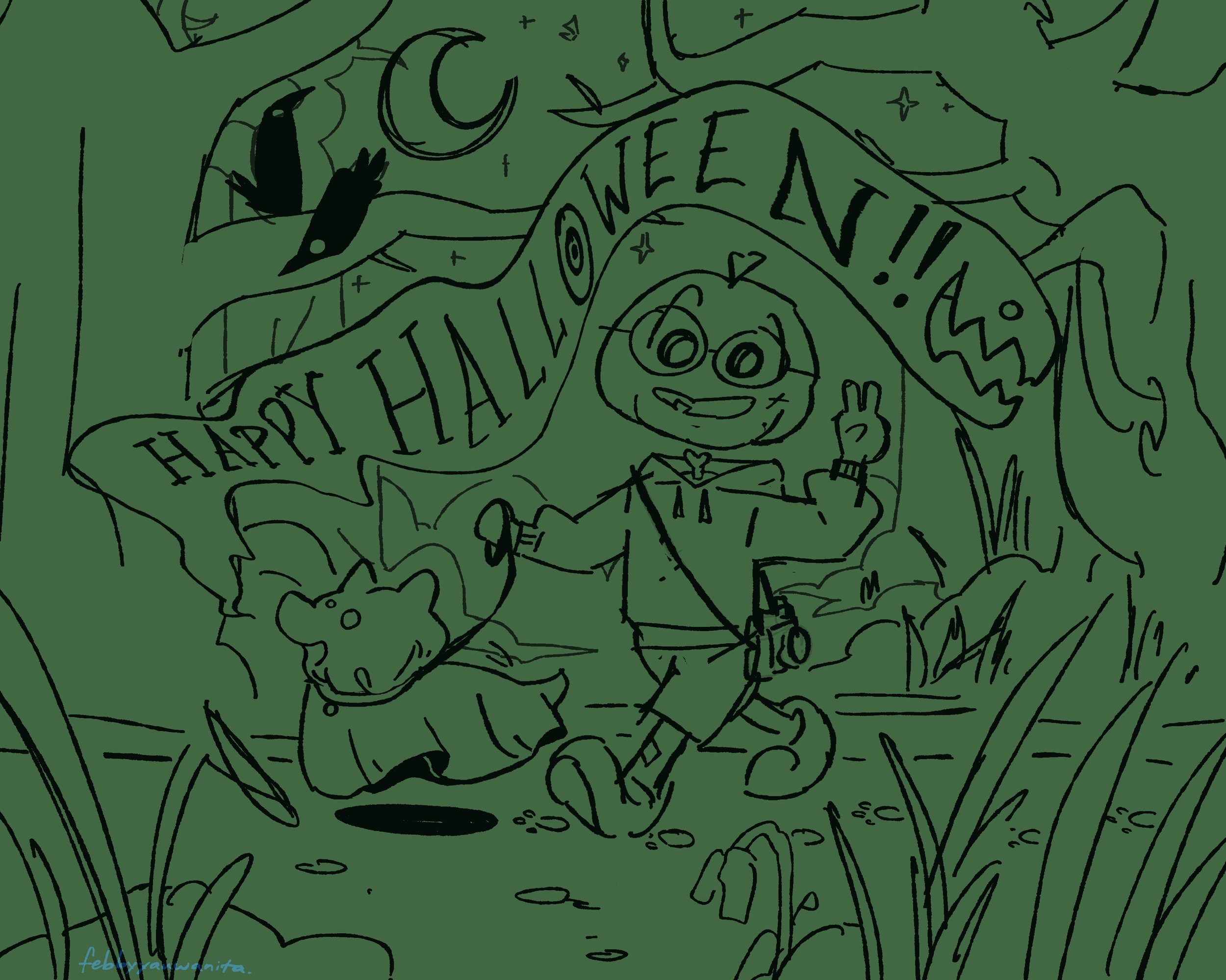 Line drawing featuring a birthday cake with candles, a smiling cartoon face, and decorative elements including stars and spirals. The cake has a banner that reads 'HAPPY BIRTHDAY!' in stylized text. The drawing has a playful, celebratory theme.