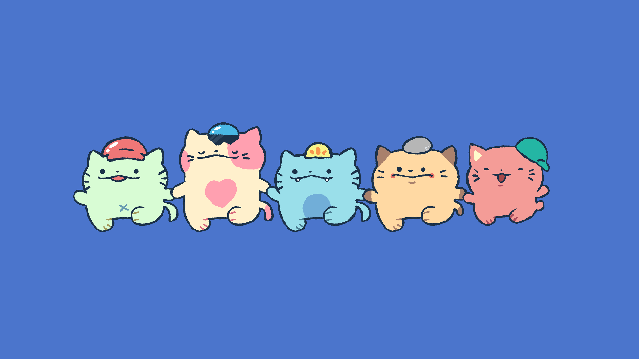 A row of five cute cartoon kittens standing against a blue background, each with different colors and accessories, smiling and holding hands.