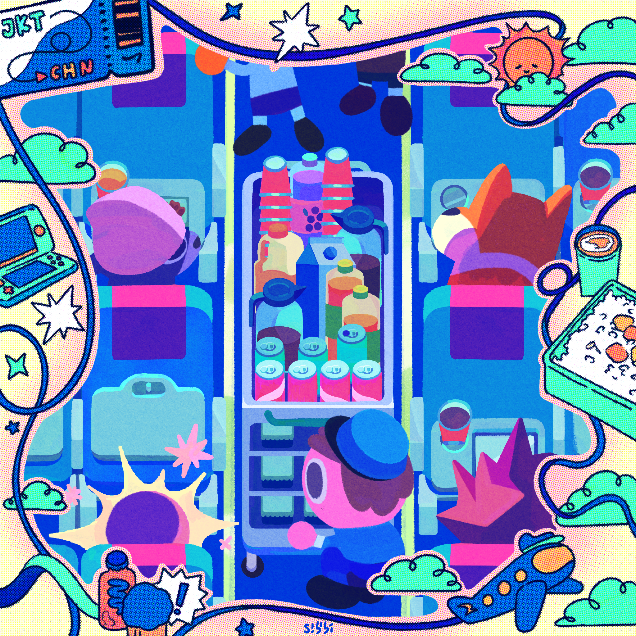 Colorful illustration of a cluttered refrigerator door decorated with various cartoon stickers and magnets, including a snowflake, a star, a sun, and a rocket, with items like bottles, cans, and containers inside.