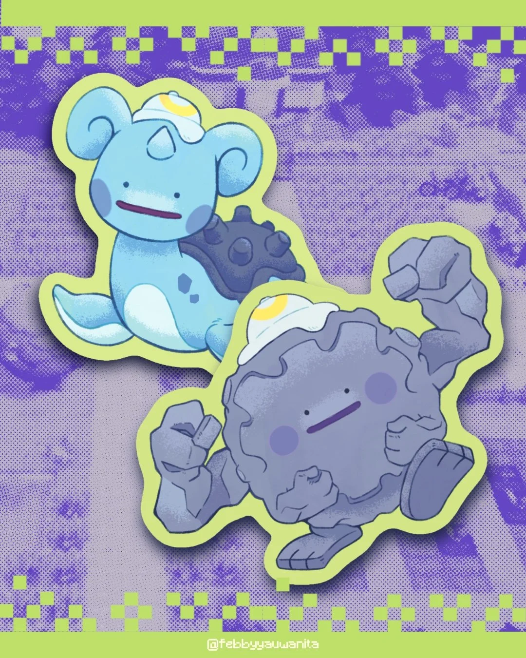 Sticker art of two animated nature-inspired characters with a purple and green digital background. One character appears as a blue yak with a fried egg on its head, and the other as a stone or mountain with a fried egg on its head, both with simple facial features and smiling expressions.