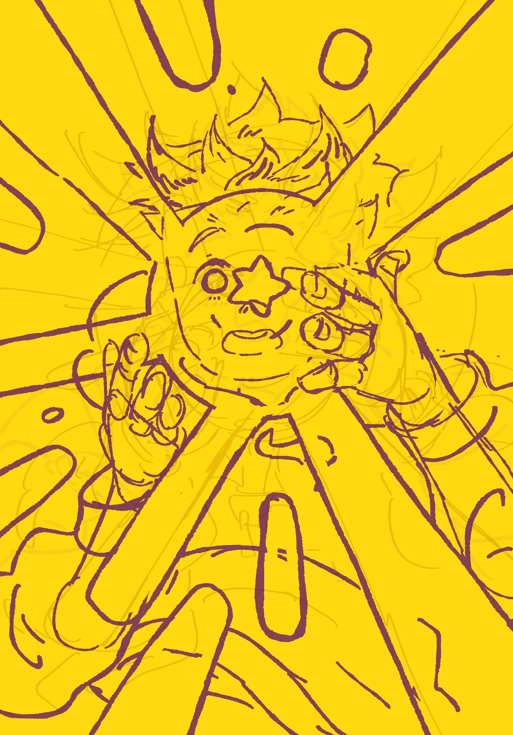 Sketch of a person with spiky hair wearing a crown, holding a star and a coin, with a bright yellow background and outlines in purple.