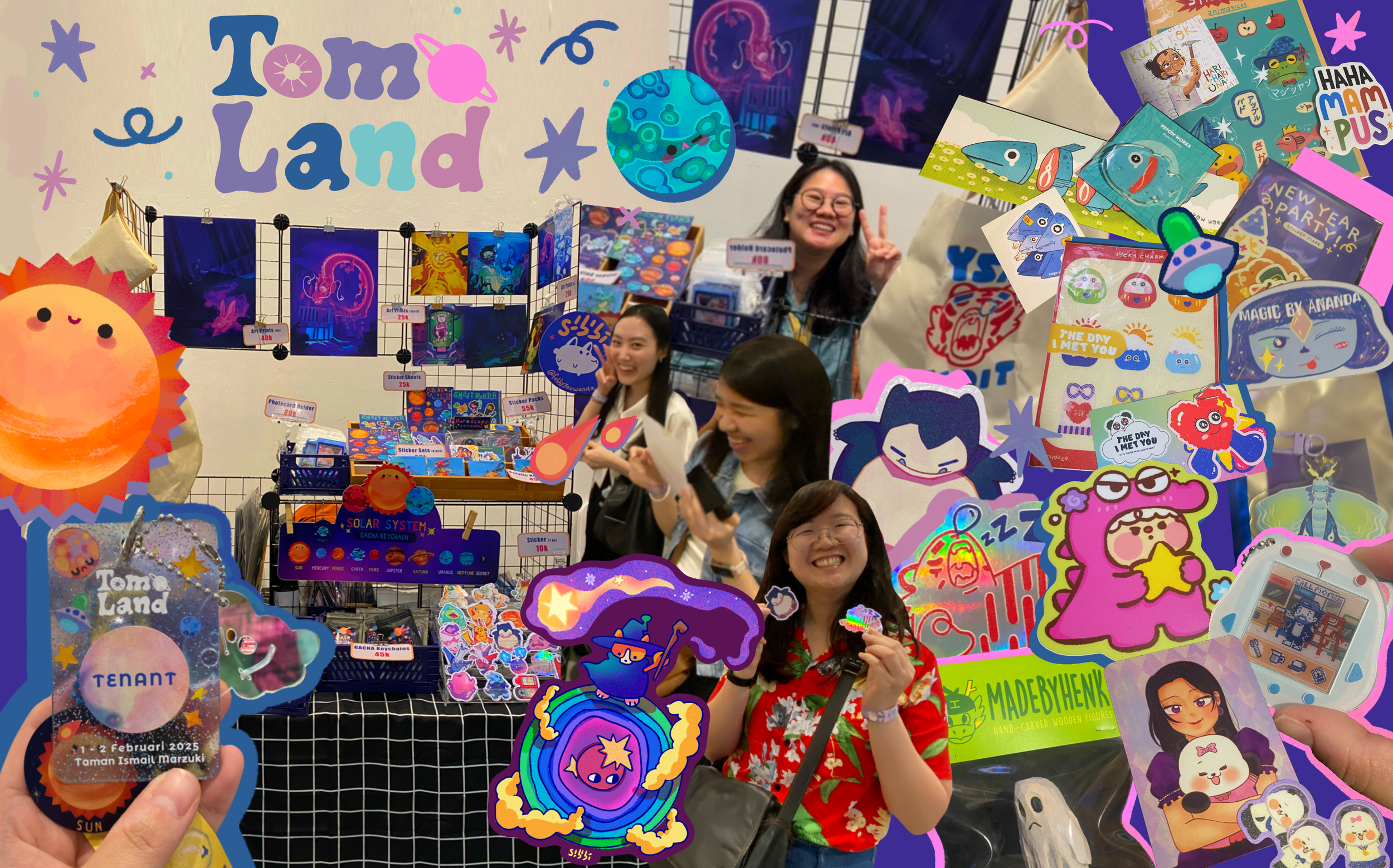 A diverse group of smiling women at an art and sticker fair, surrounded by colorful stickers, art prints, and crafty items displayed on a black grid with a large sign reading "Tom Land" behind them.