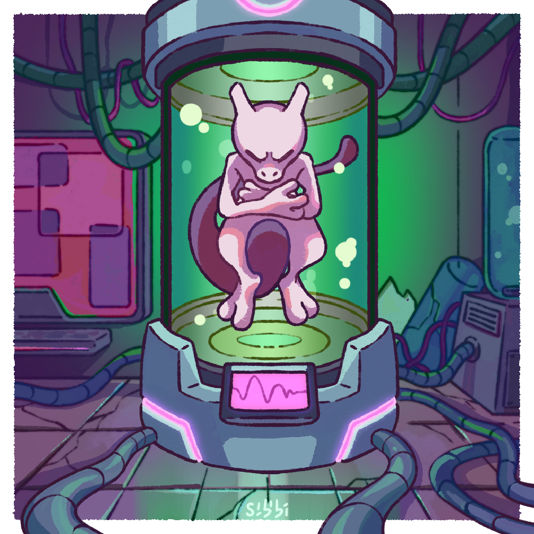 A cartoon-style pig-like creature with dog features, sitting cross-legged with arms crossed in a futuristic lab environment, inside a green-lit chamber connected to various wires and equipment.