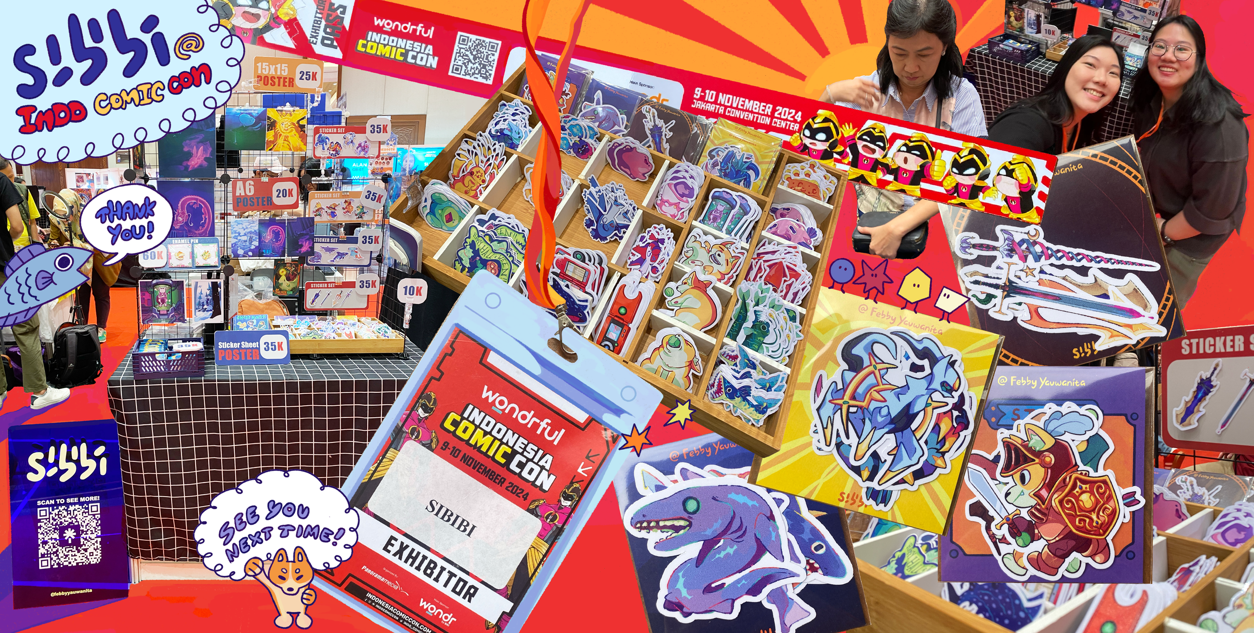 A booth at Indonesia Comic Con 2024 with various colorful stickers, pins, and posters on display. There are people browsing and smiling, and promotional signs for the event.