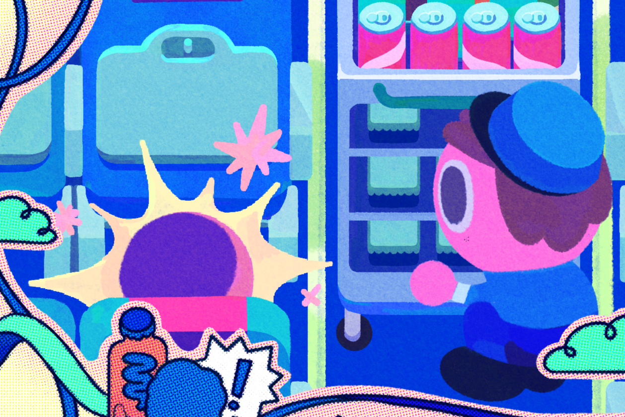 A cartoon illustration of a person in a blue uniform and cap, opening a refrigerator filled with cans, with a surprised expression and a burst shape indicating shock in front of them.