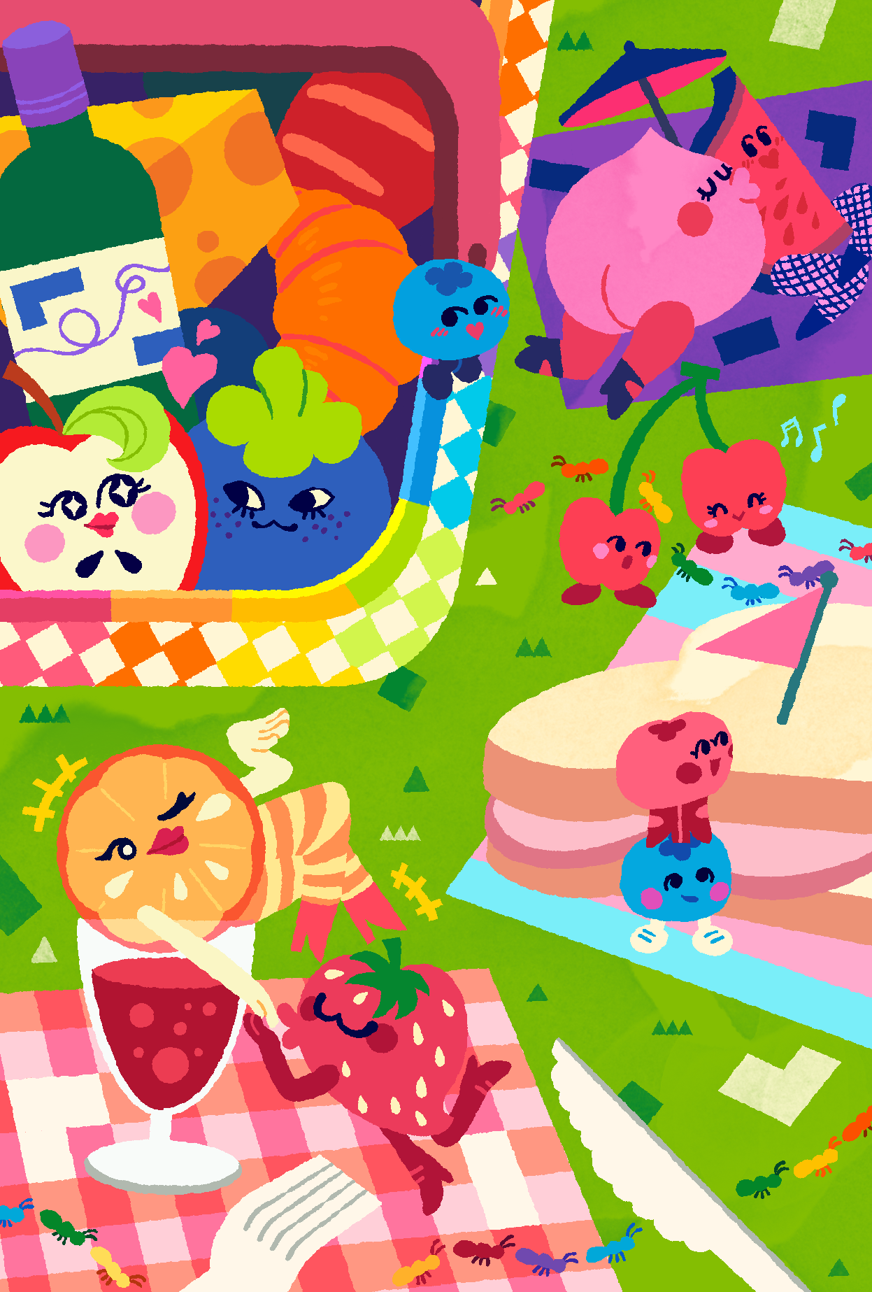 Colorful illustration of various animated fruits and vegetables dancing and having a picnic, with a ladybug on a picnic table, a watermelon slice with a face, a lemon, strawberries, cherries, and other cute characters on checkered and grassy surfaces