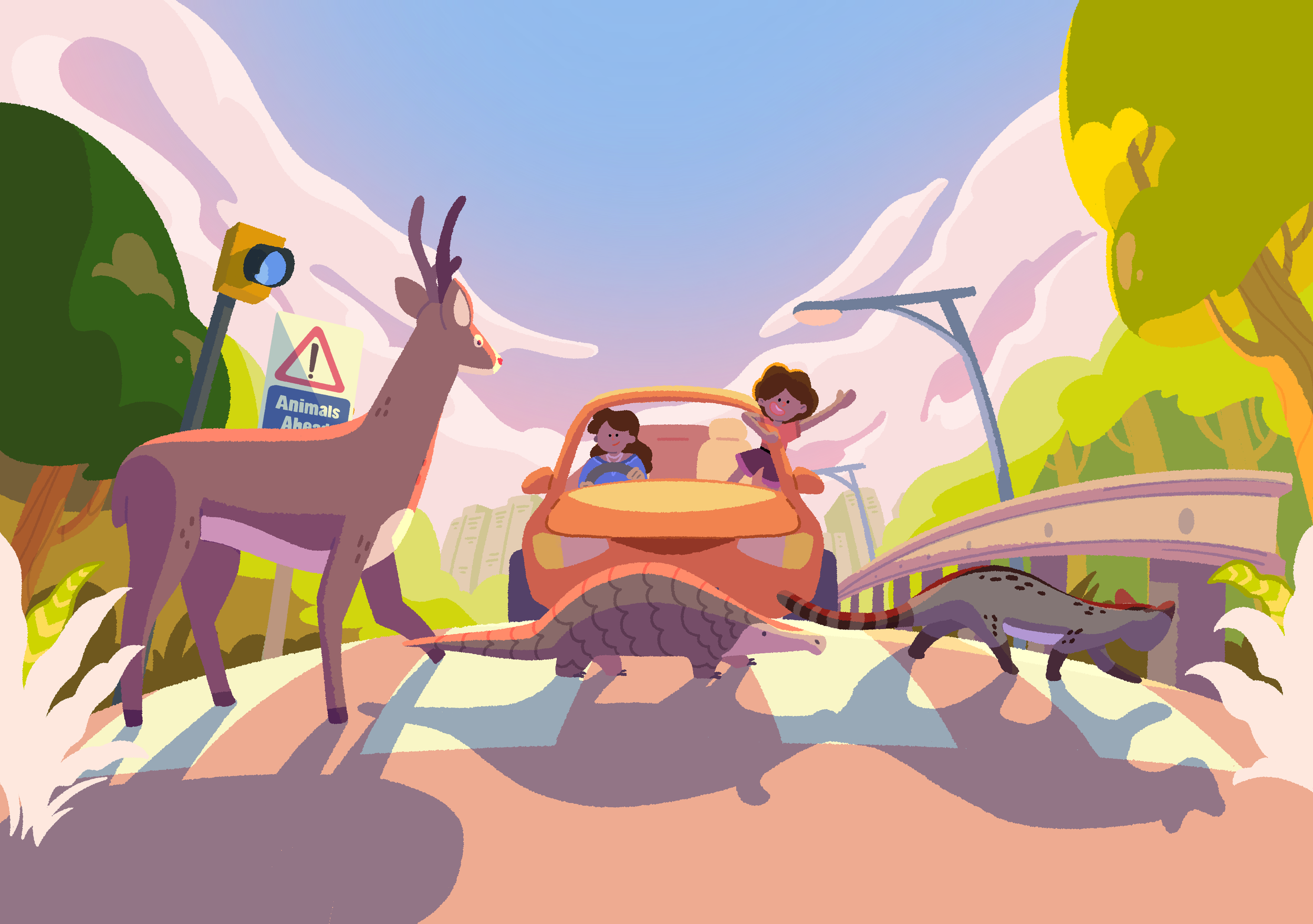 Children riding in a small orange car driven by a person, with a friendly dinosaur in front and a deer on the side at a vibrant park with trees and a sky with clouds.