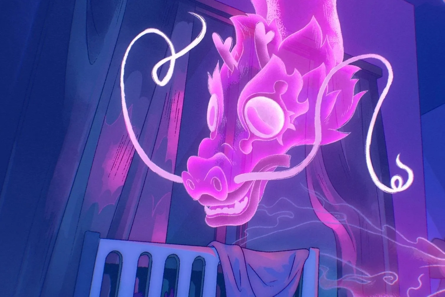 Neon illustration of a dragon's head with glowing pink and purple hues, mounted on wooden walls.
