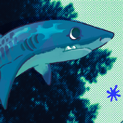 Cartoon-style shark swimming underwater near coral with a purple starfish.