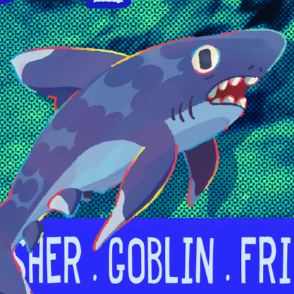 Cartoon shark with its mouth open, showing sharp teeth, against a green background, with some text partially visible.