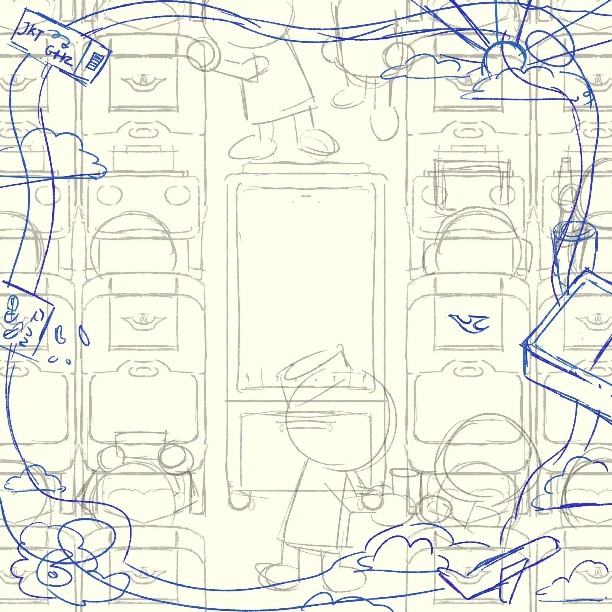 Sketched floor plan of a basketball arena with seating, court, and surrounding areas, including handwritten notes.