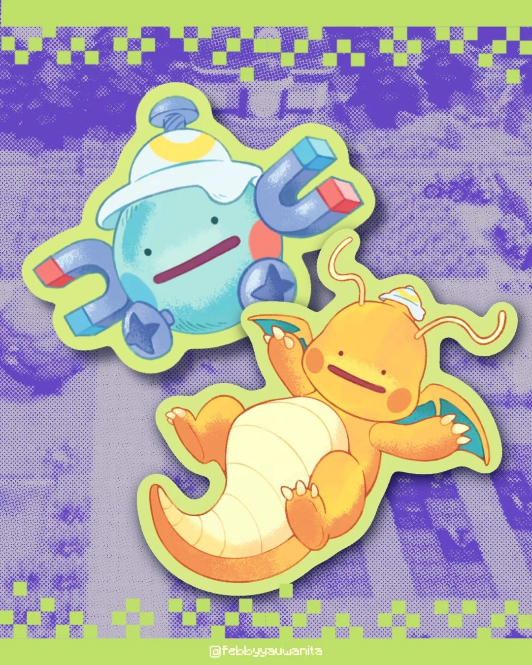 Colorful cartoon characters of a water droplet with a white hat and a dragon with a chef hat, both with blank expressions, on a purple and green pixelated background.