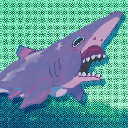 Cartoon shark with its mouth wide open, illustrating a humorous or exaggerated expression, set against a blue-green dotted background.