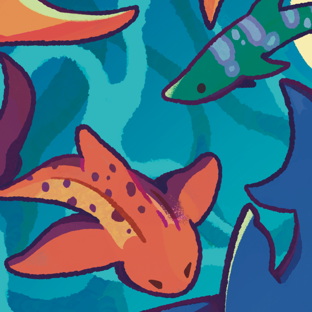 Colorful illustration of two fish swimming among aquatic plants.