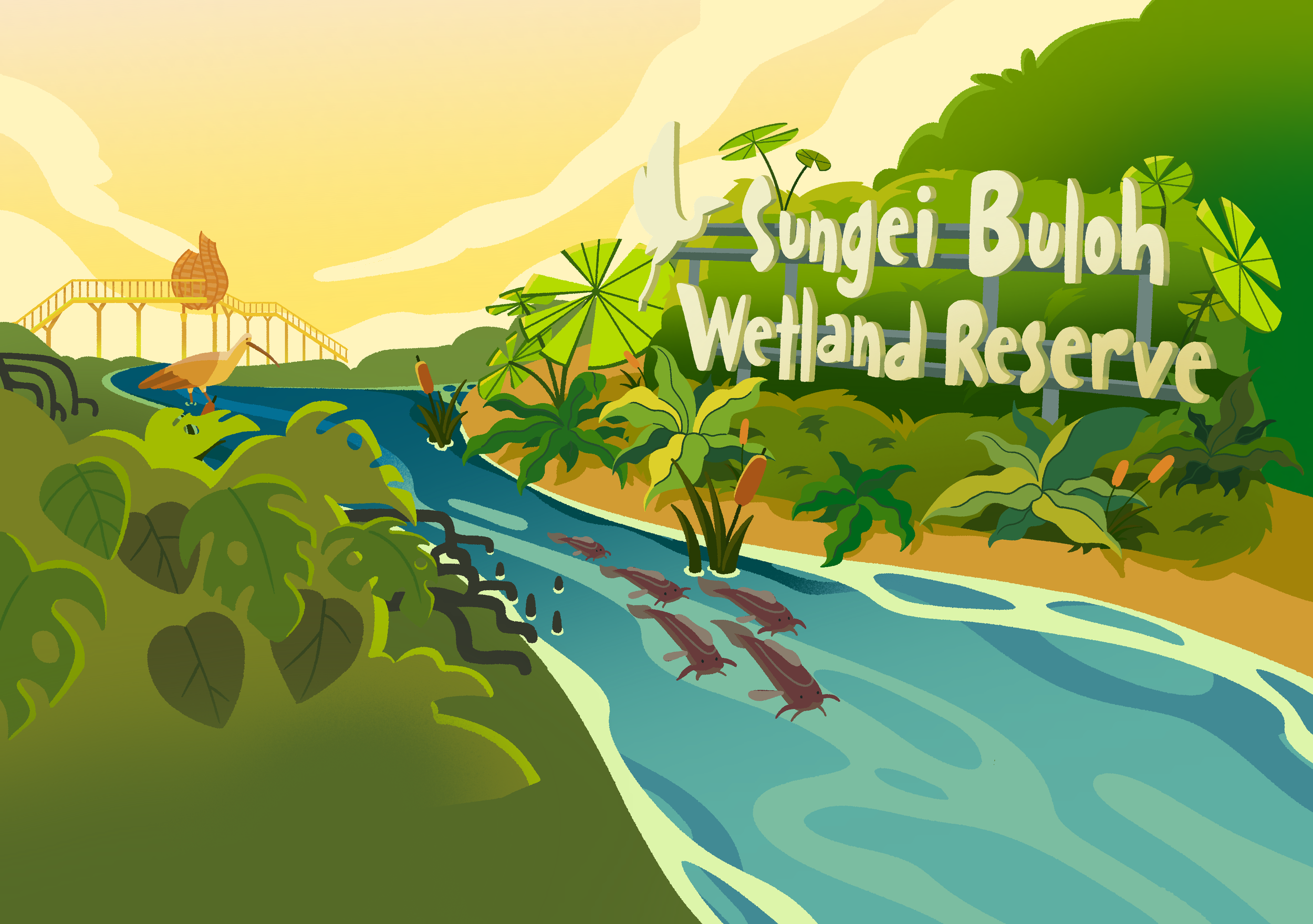 Illustration of the Sudeiri Buloh Wetland Reserve with lush green plants, a flowing stream with crayfish, birds flying, a bridge, and a large sign reading 'Sudeiri Buloh Wetland Reserve'.