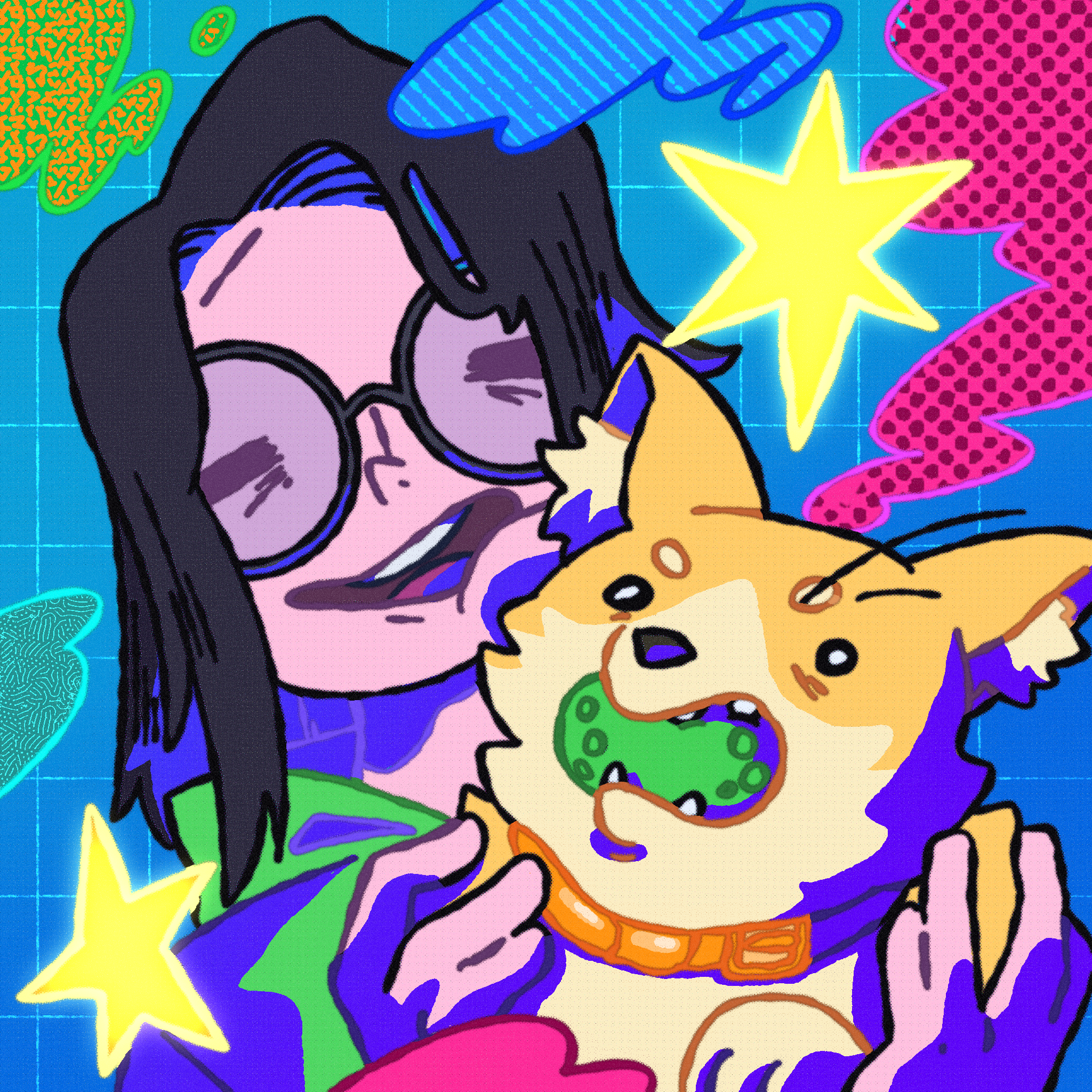 Colorful digital illustration featuring cartoon-style faces of a girl with goggles and a fox, set against a vibrant background with stars, polka-dots, and abstract shapes.