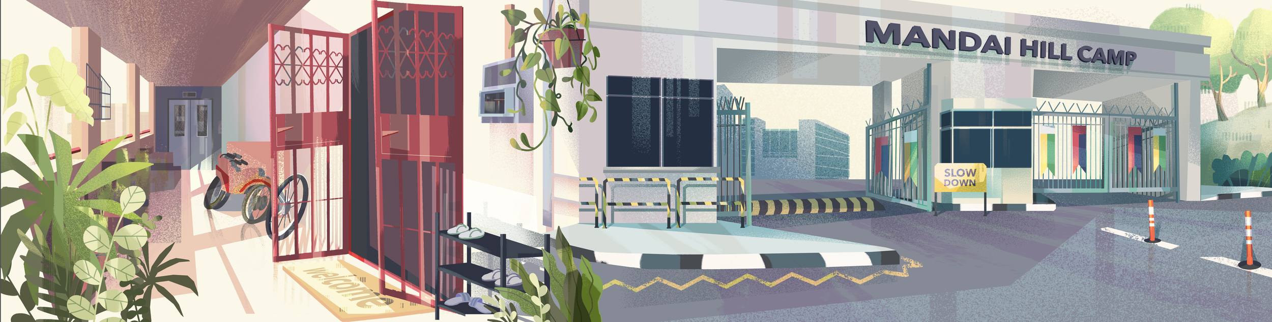 Exterior illustration of Mandai Hill Camp with a gated entrance, a sign that reads 'Slow Down,' bicycles, plants, a vending machine, and barriers. The scene is bright and colorful, with trees in the background.