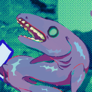 A cartoon shark with an open mouth, facing left, against a dotted green and blue background.