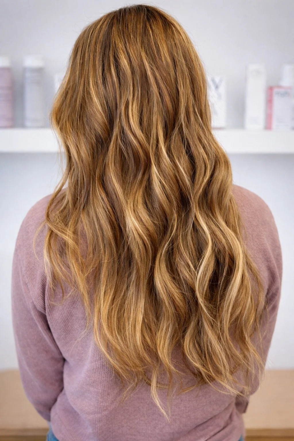 Back view of a person with long, wavy, ginger hair wearing a pink top, standing in front of a shelf with hair care products.