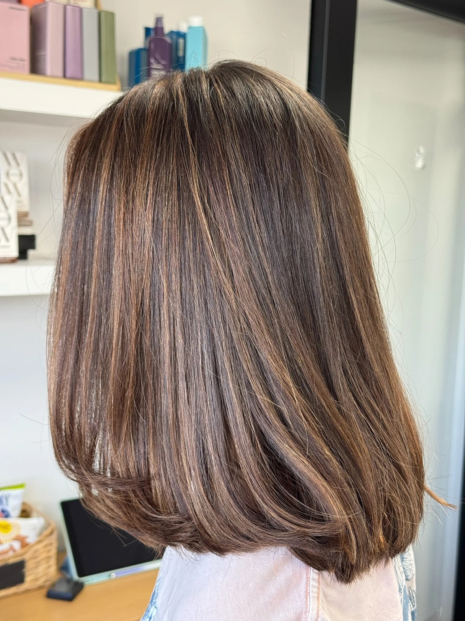 A woman with medium-length, layered, brown hair with lighter highlights, viewed from the back, sitting at a desk with a computer and books in the background.