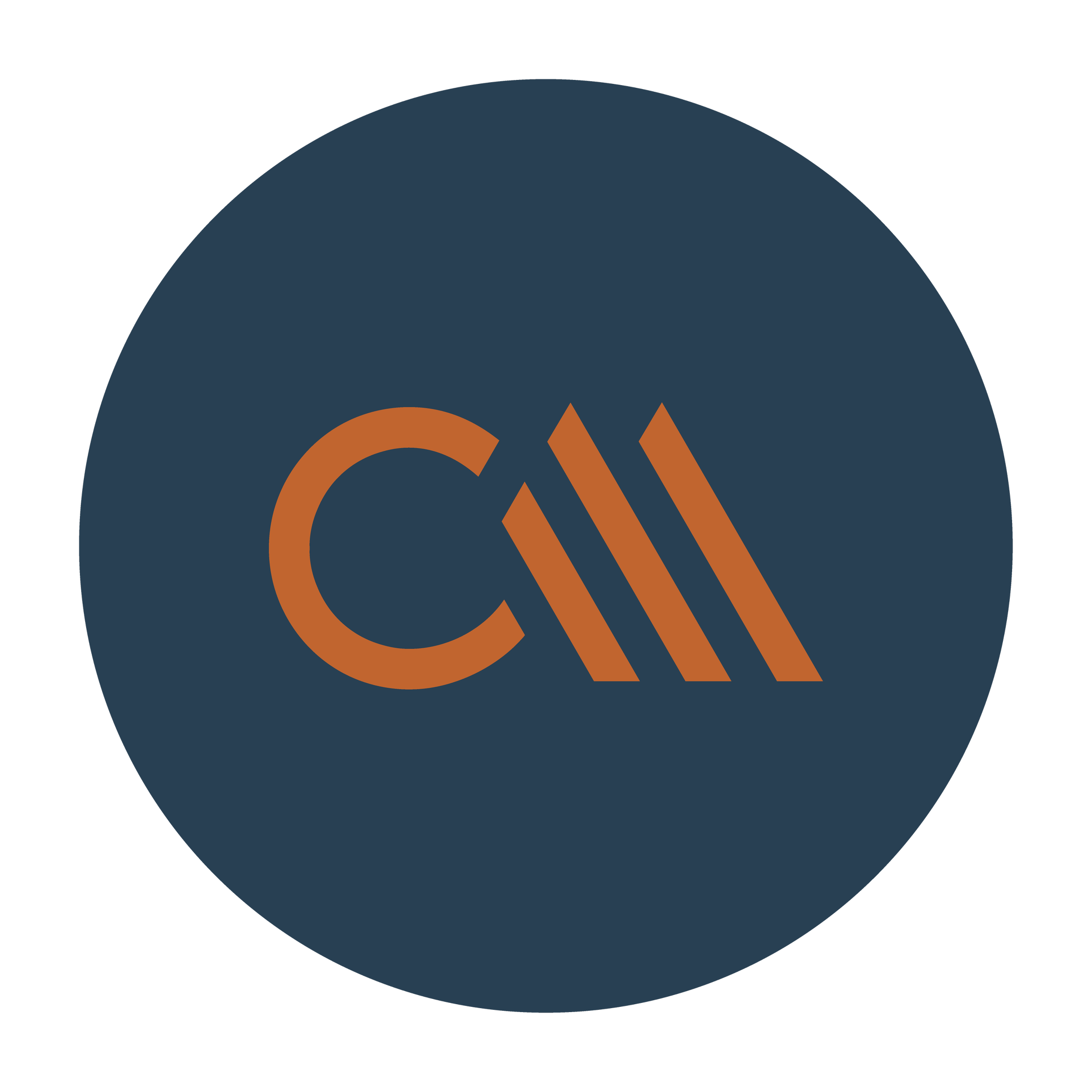 Logo with a dark blue circle and orange text that spells 'CM'.