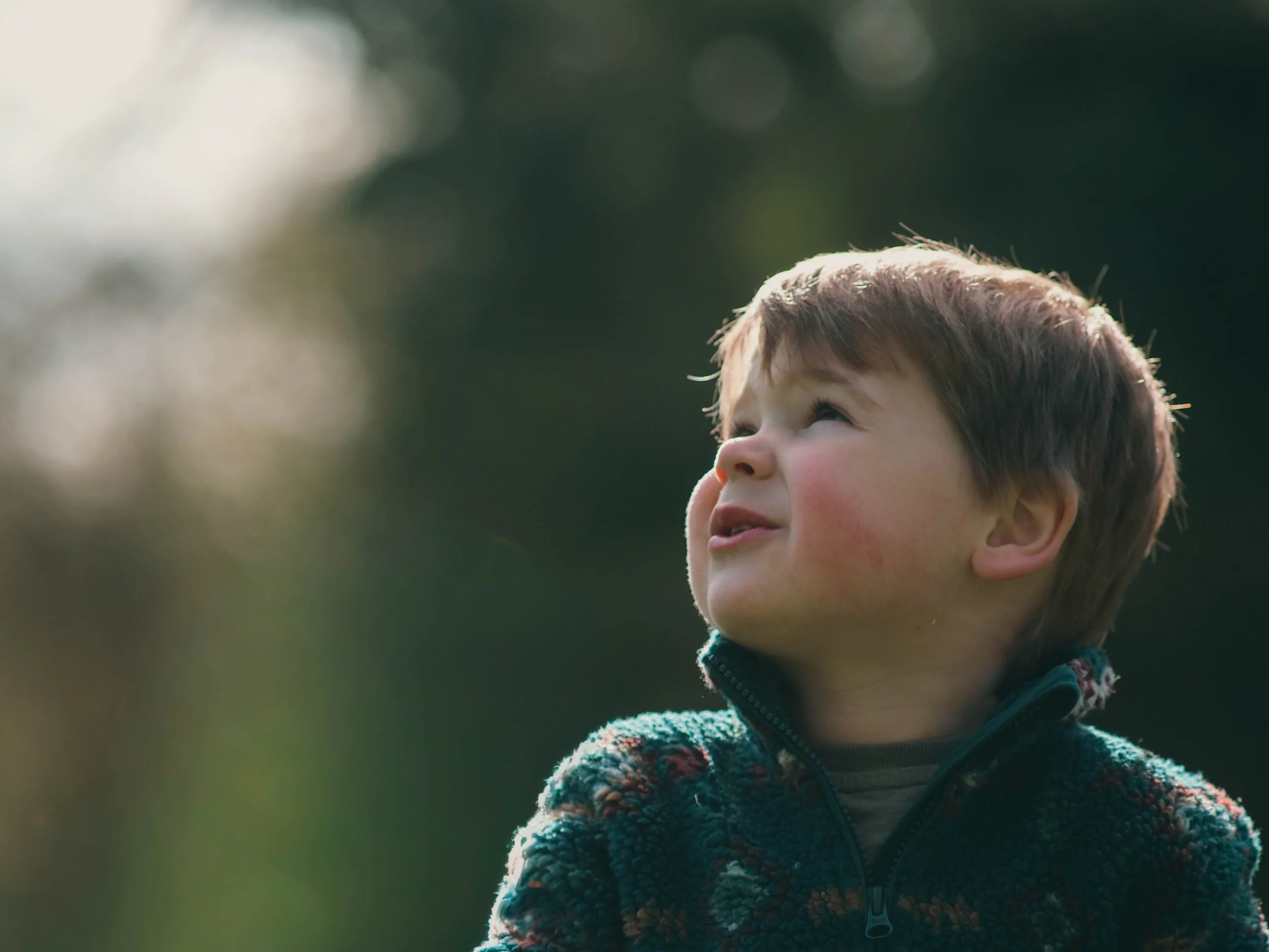 Close-up of a young child's head and face looking upward outdoors, with a blurred green background.