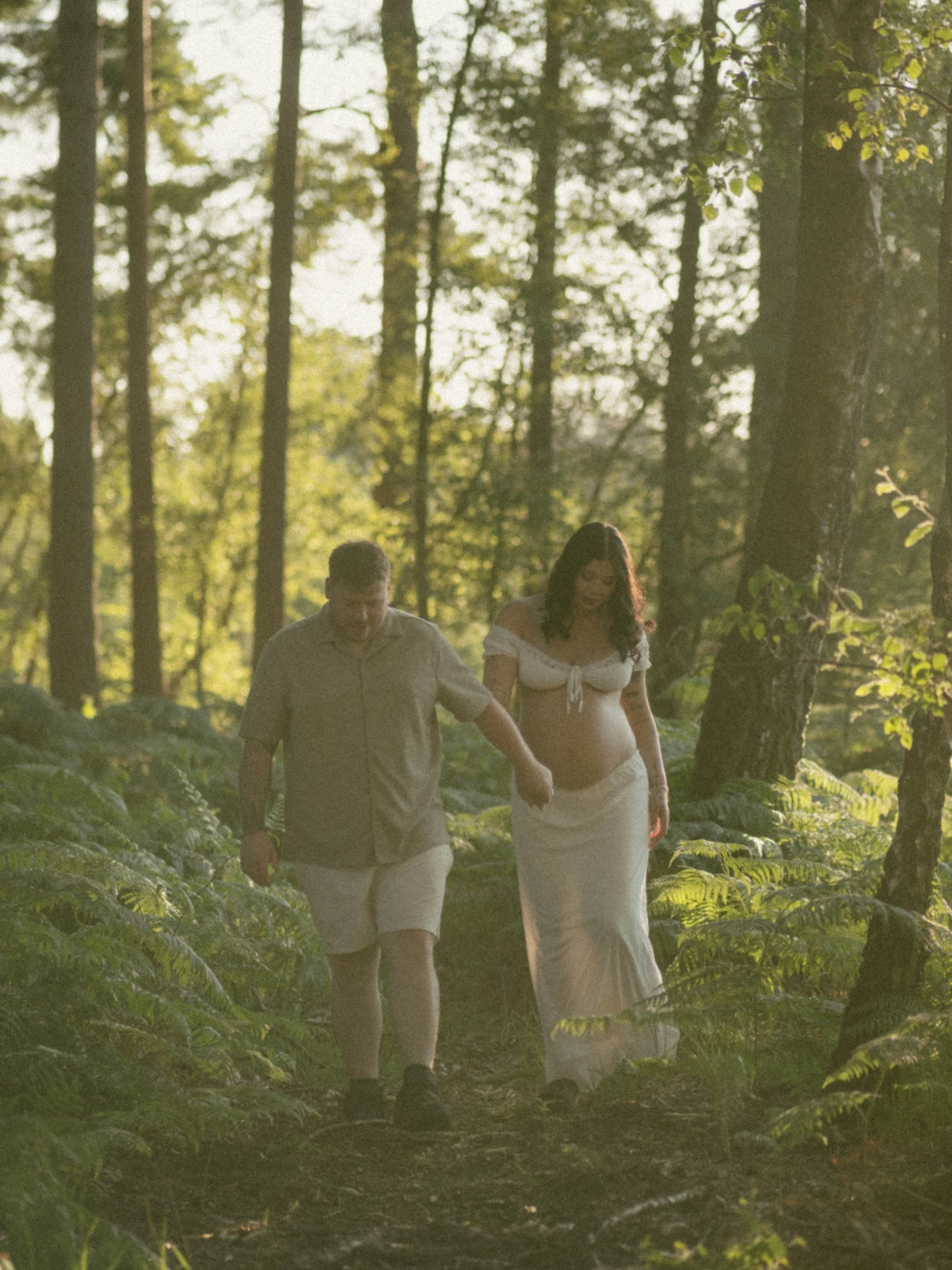 A couple walking hand in hand through a lush green forest, surrounded by tall trees and ferns, during a sunny day.