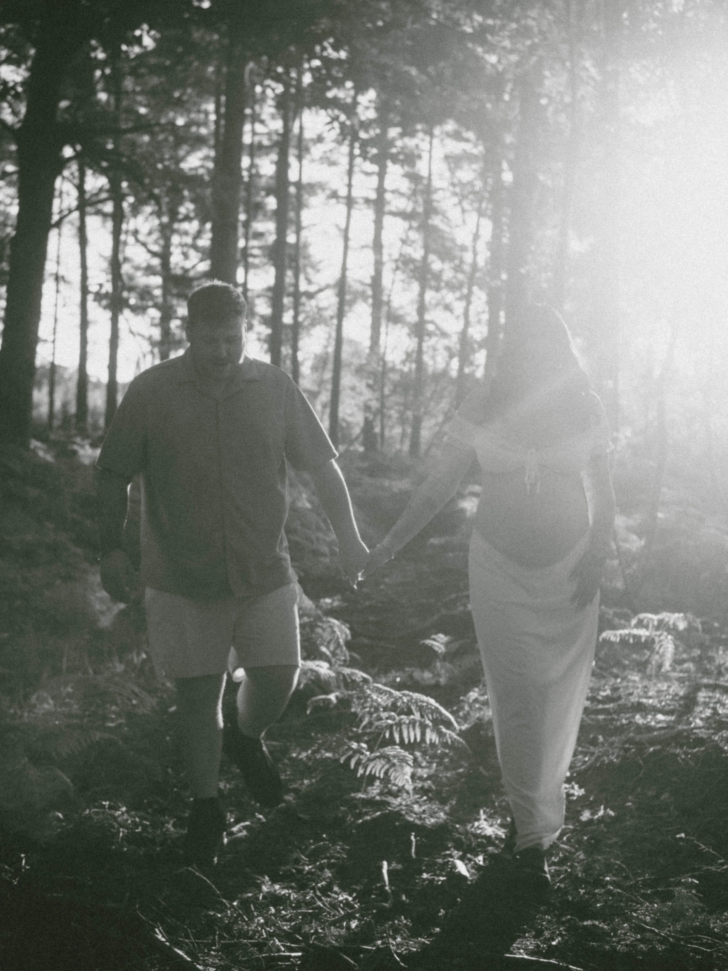 Two people holding hands walking in a forested area with tall trees, sunlight streaming through the branches.