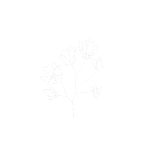 A line drawing of a flower or floral design inside an oval frame.