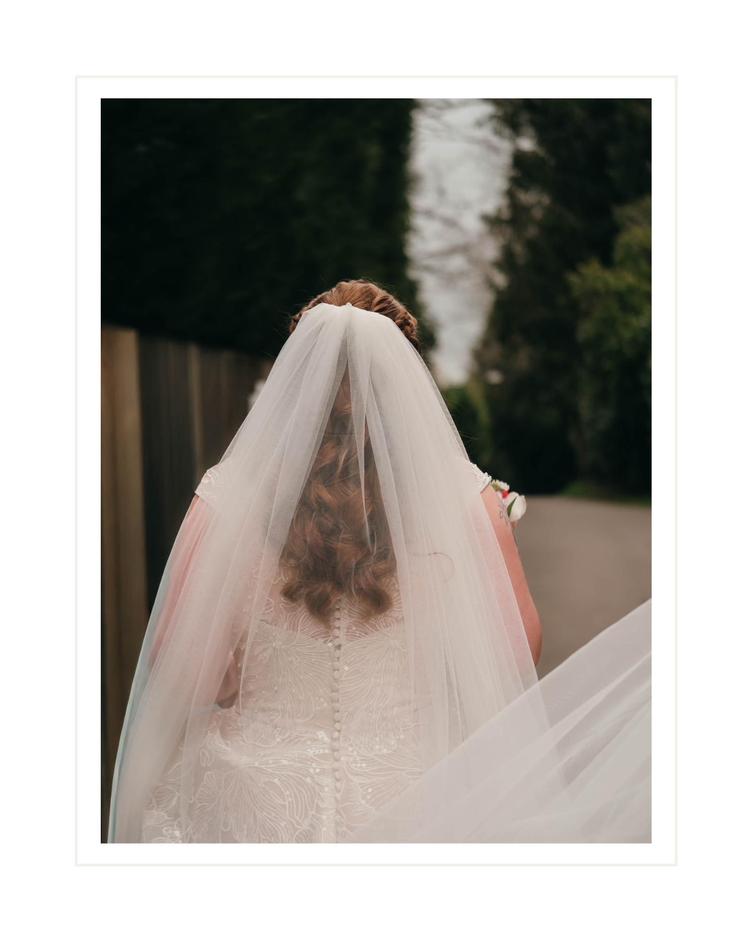 Rear view of a bride in a wedding dress with a long veil, walking outdoors on a paved path surrounded by trees and a wooden fence.