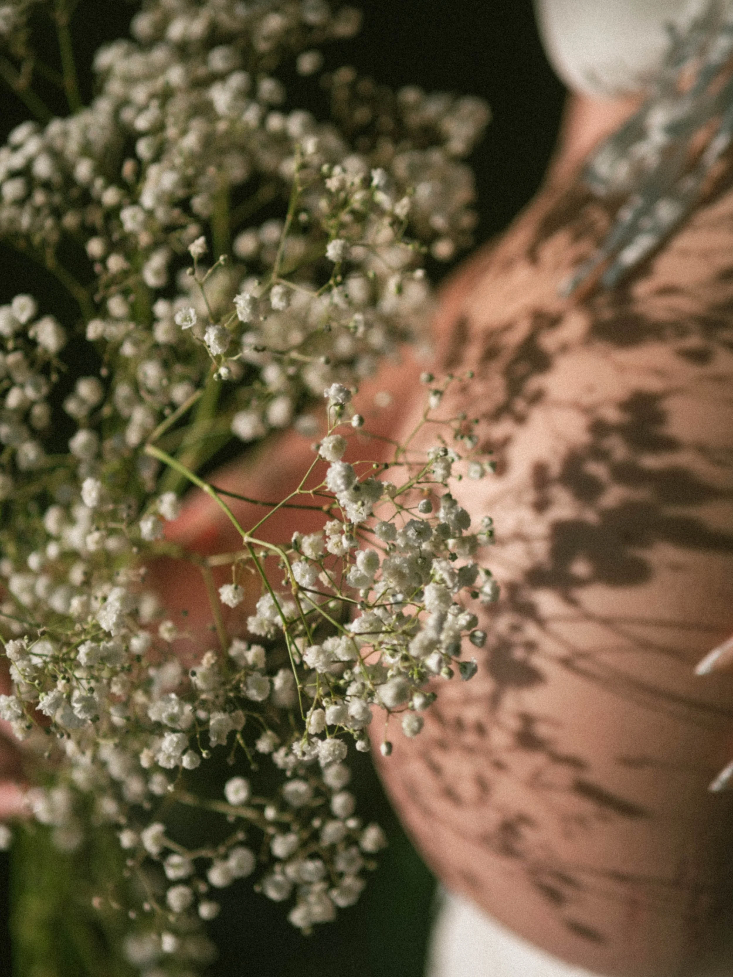 Close-up of small white flowers, possibly baby's breath, on green stems. In the background, a wooden surface and part of a ceramic pot are visible.