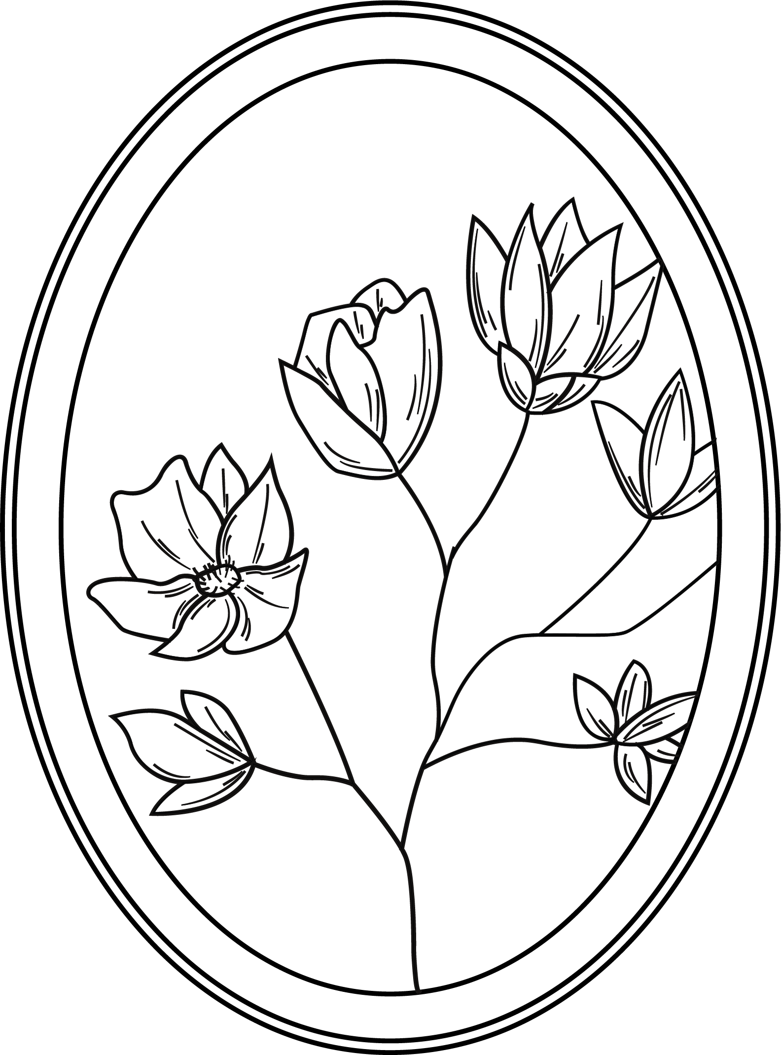 A black outline drawing of multiple flowers with detailed petals and leaves.