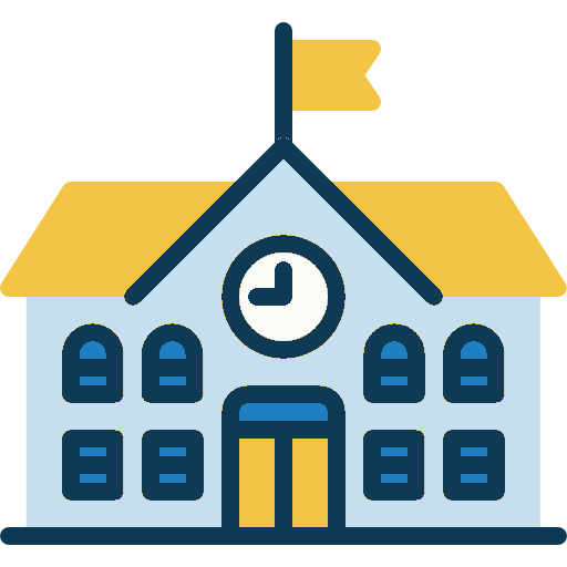 Illustration of a school building with a clock, yellow roof, and a yellow flag on top.