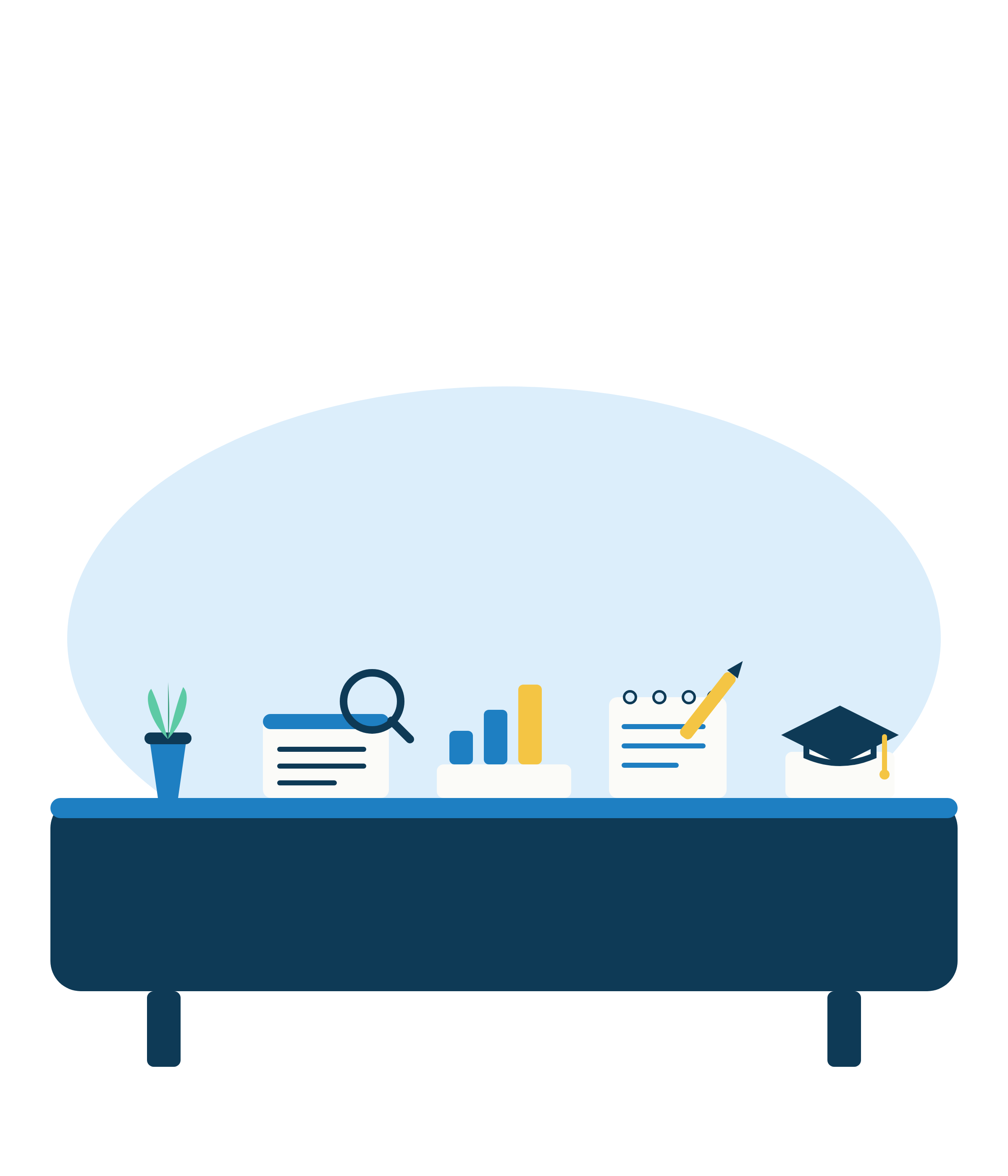 Illustration of a desk with various items including a potted plant, documents, bar graph, checklist with a pencil, and graduation cap, all beneath a speech bubble.