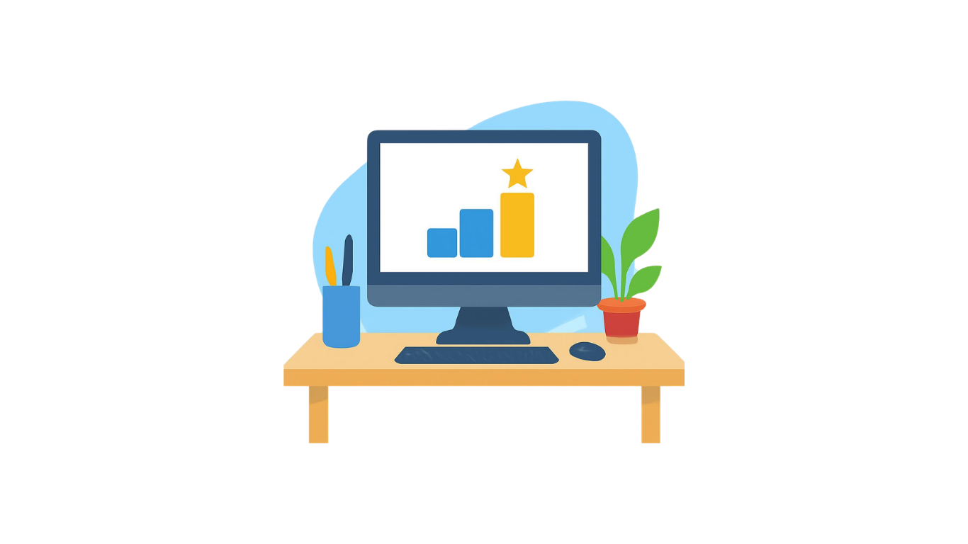 A desk with a computer monitor showing a bar graph with three bars, the third bar topped with a star. There are two plants, one in a blue pot and one in a red pot, and a pen holder with three pens.