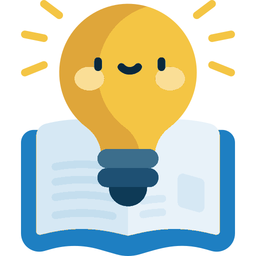 A cartoon light bulb with a smiling face and blush on cheeks, placed on top of an open book.