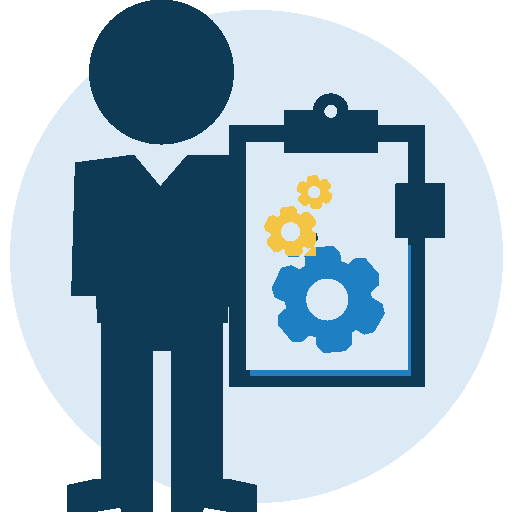 Icon of a person with a clipboard and gears, representing task management or planning.