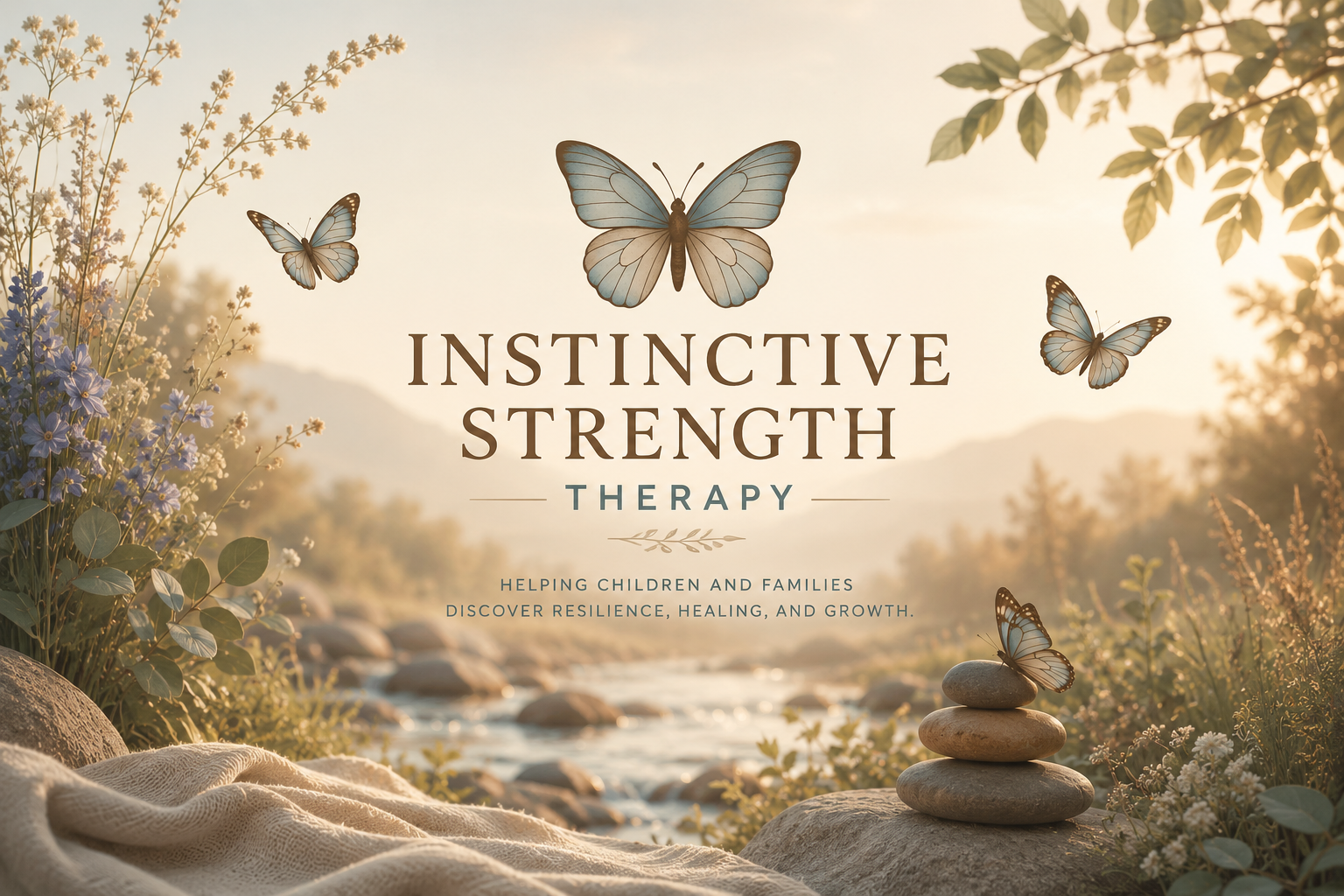 Natural outdoor scene with butterflies flying, flowers, rocks with a butterfly perched, and a scenic mountain and river background, promoting instictive strength therapy for children and families.