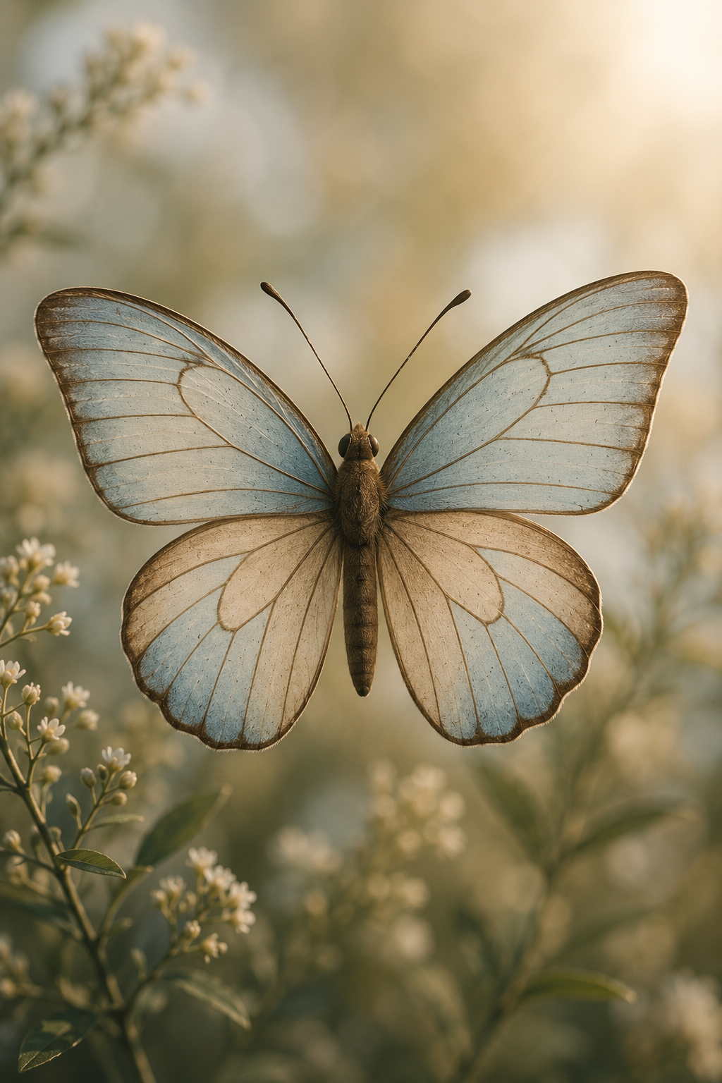 A butterfly with light blue and beige wings perched on a plant with small white flowers and green leaves.
