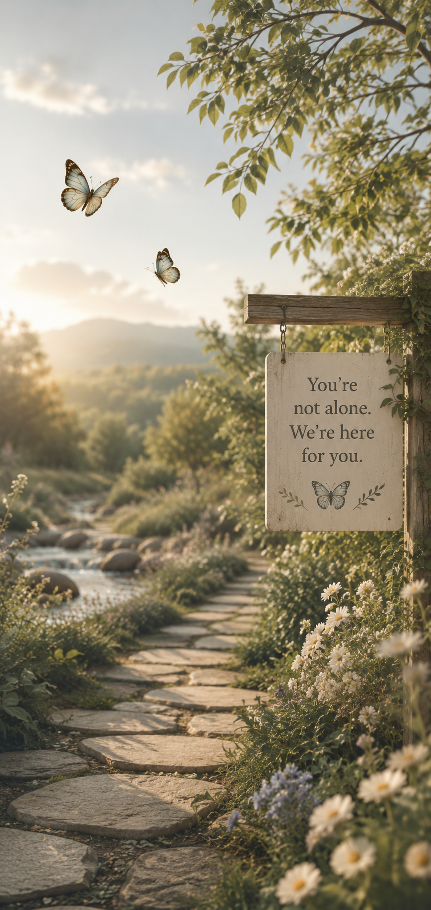 A stone pathway runs alongside a small stream in a lush, green garden bathed in warm sunlight. Two butterflies are flying in the sky. A wooden sign reads, 'You’re not alone. We’re here for you,' decorated with a butterfly and branch illustrations.