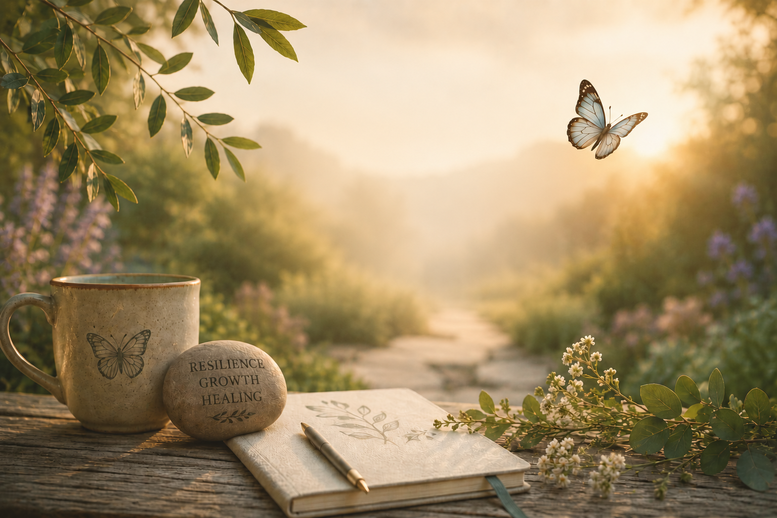 A peaceful outdoor scene featuring a ceramic mug with a butterfly design, a stone with words 'Resilience, Growth, Healing', a notebook with botanical illustrations, and a pen, set on a weathered wooden table surrounded by greenery and flowers, with a butterfly flying in the background during golden hour.