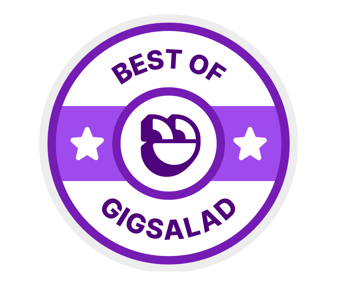 Purple and white circular badge. The badge has the text 'Best of Gigsalad' and two white stars on purple horizontal stripes.