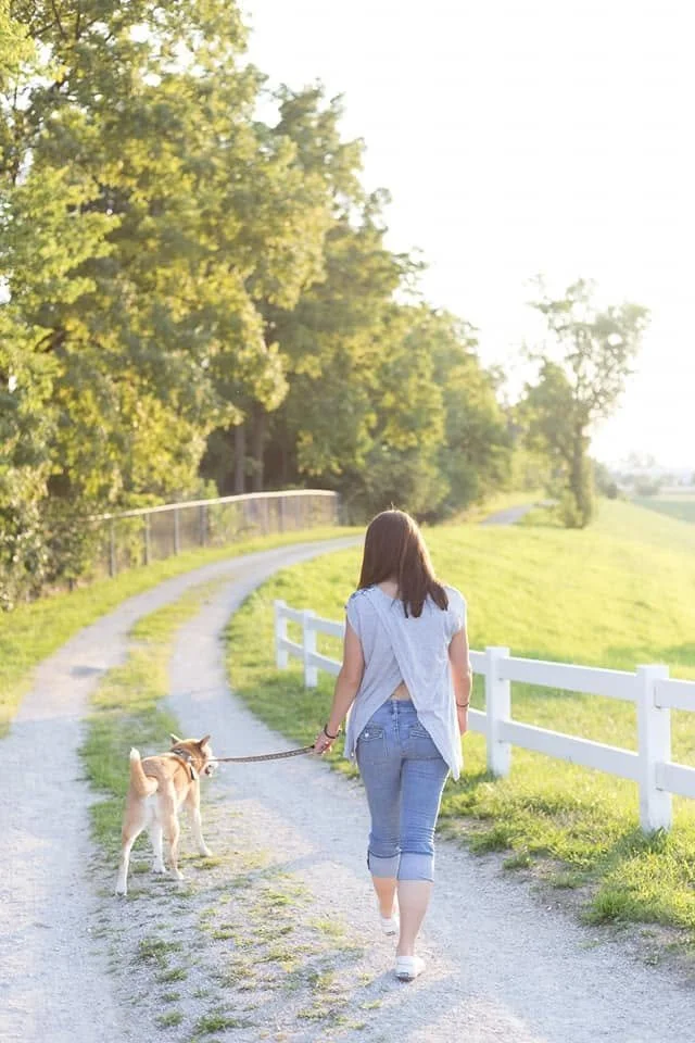 Woman walking her dog on a gravel path through a green field with trees and a white fence, sunlight shining through