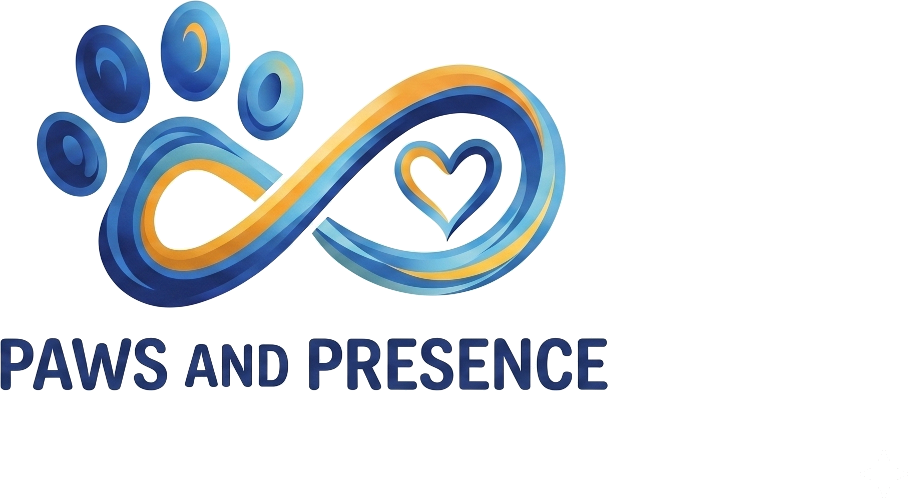A logo featuring an infinity symbol intertwined with a heart, with paw prints to the left, and the text 'Paws and Presence' below.
