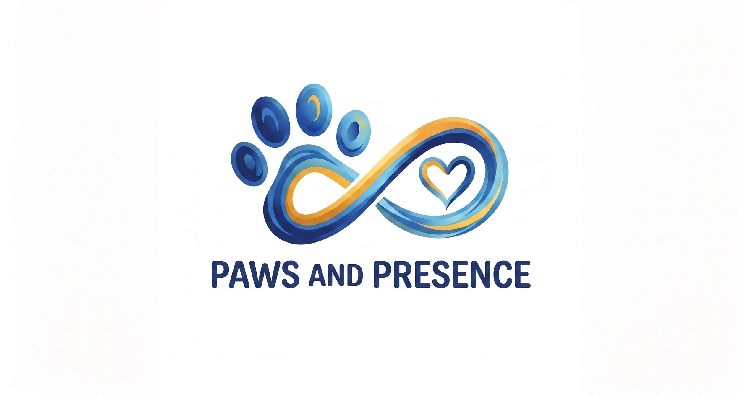 A logo featuring abstract blue and yellow paw print and infinity symbol with a heart in the center, and the text "Paws and Presence" underneath.