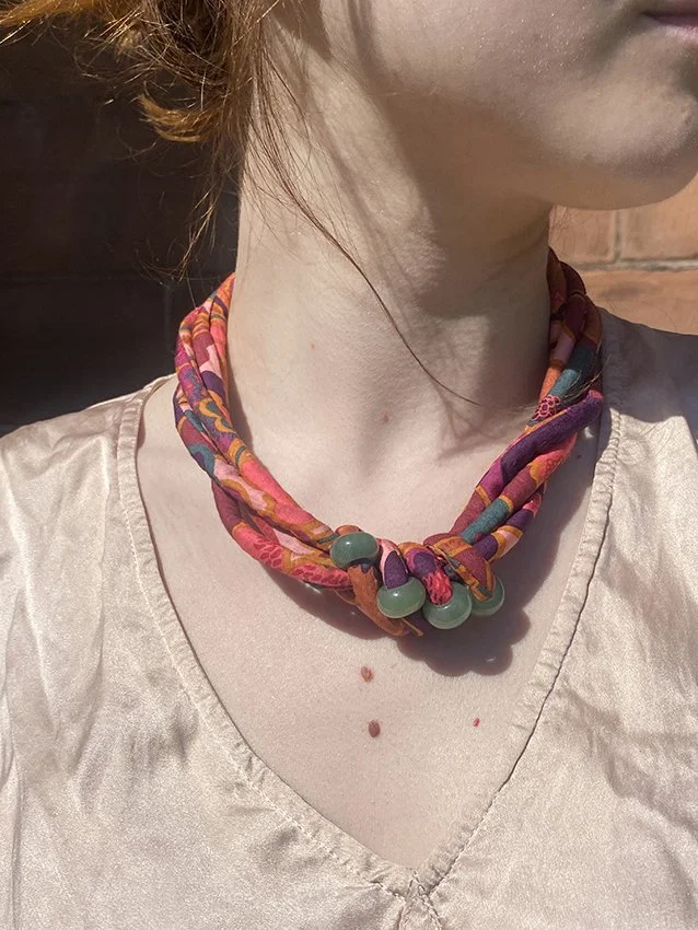 Magnetic Clasp Liberty Print chunky Fabric Necklace with Gemstone Beads