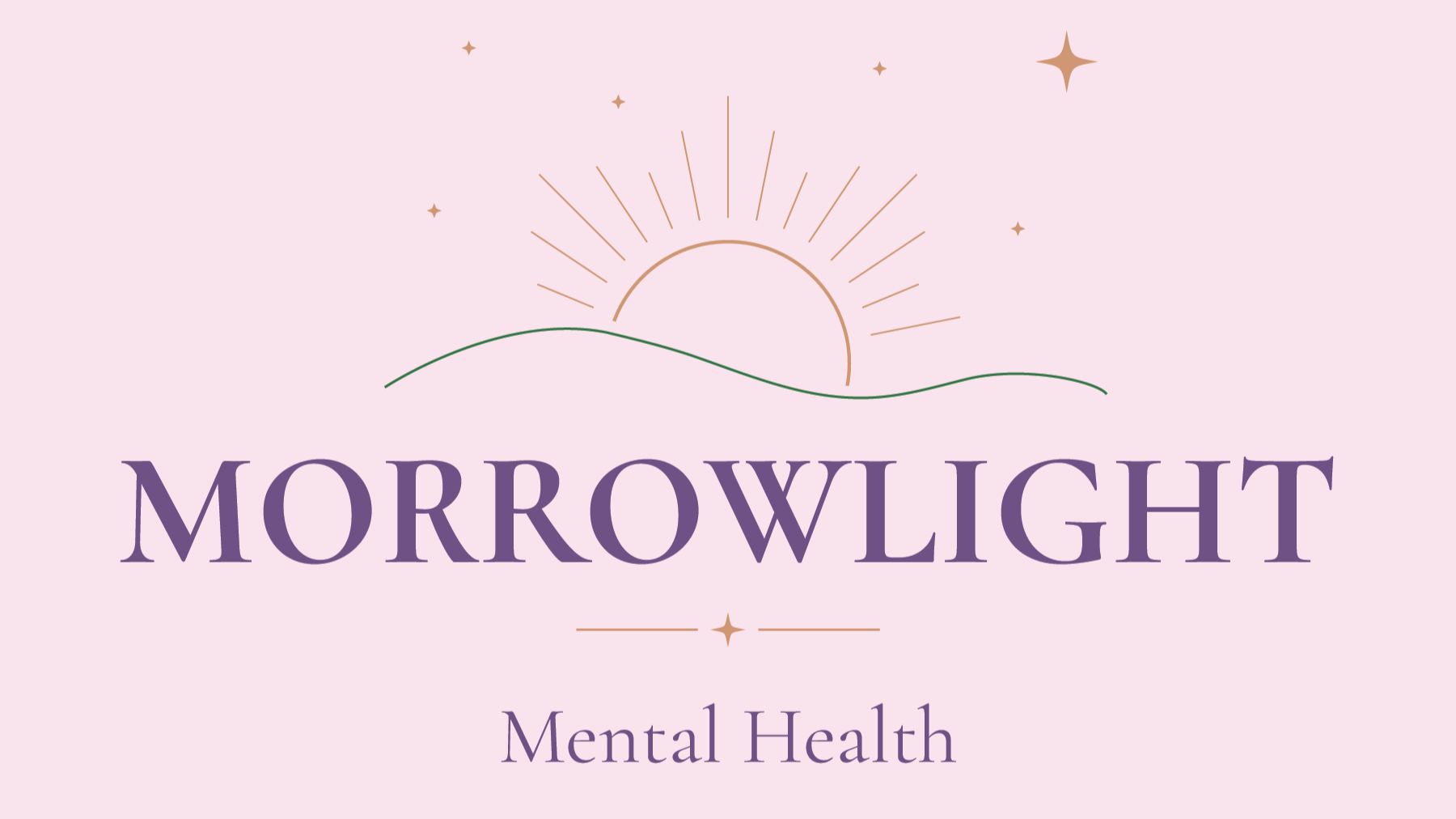 Logo for Morrowlight Mental Health featuring a stylized sunrise over hills with stars in soft pastel colors.