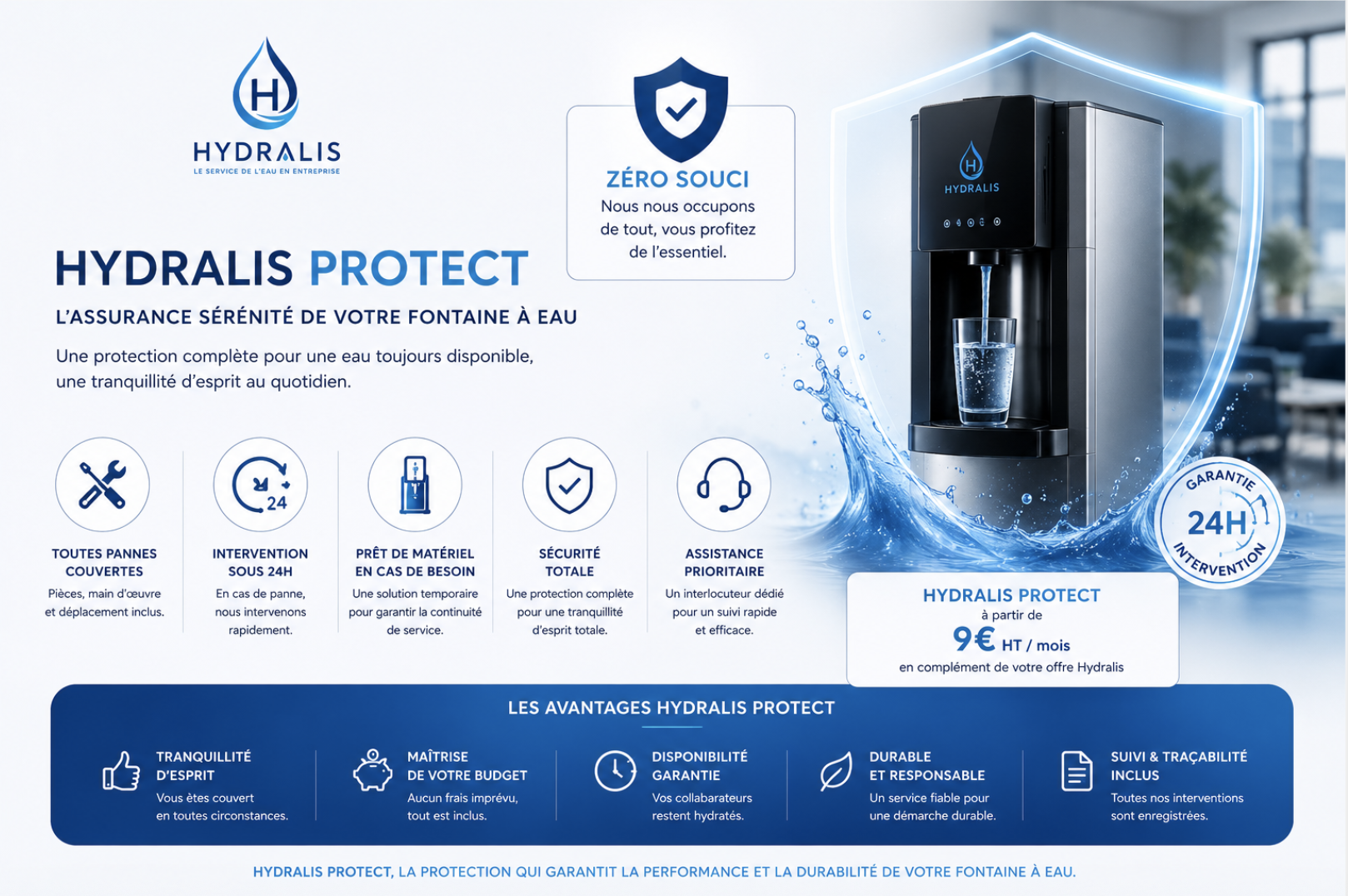un service de maintenance et de sécurité pour fontaine à eau, présentant un distributeur d'eau en inox avec un sceau de sécurité et un symbole de garantie 24h.
Yvelines, Paris, service de fontaine technicien