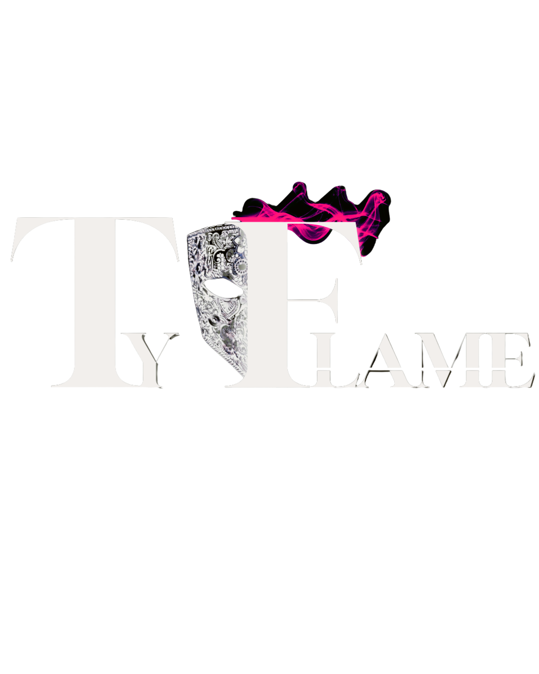 Stylized text saying "TY FLAME" with a mask outline embedded in the letter 'F' and red smoke on a black background.